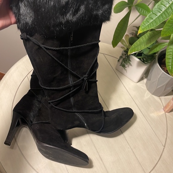 Coach Azalea Suede Tall Black Boots Fur Trim - Picture 3 of 5